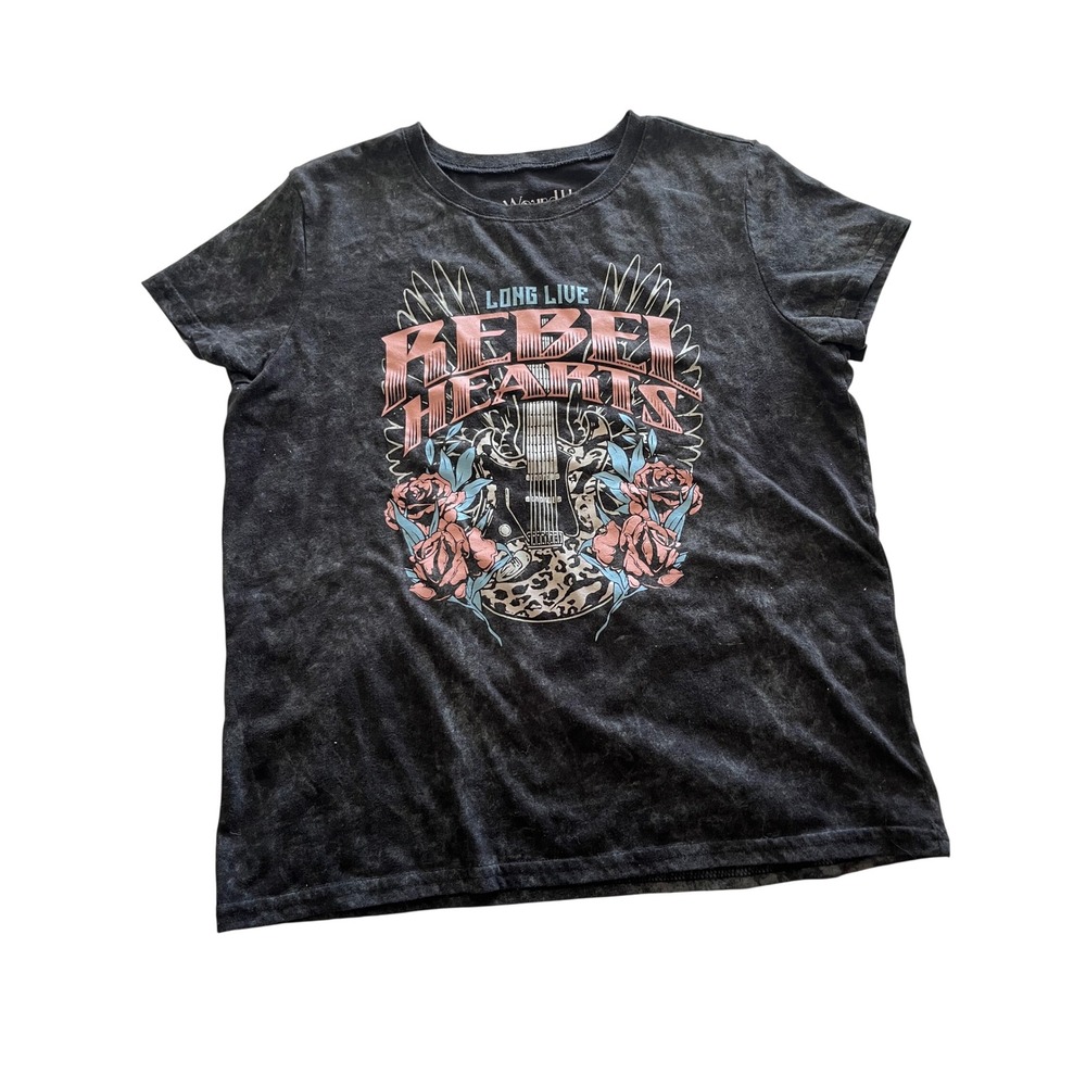 Wound Up Rebel Hearts Graphic Tee Charcoal Gray Acid Wash Rocker T-Shirt Small